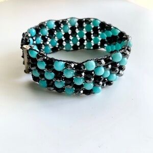 Handcrafted Gemstone Bracelet Onyx Amazonite Beads 1” wide, Sterling 925 Clasp